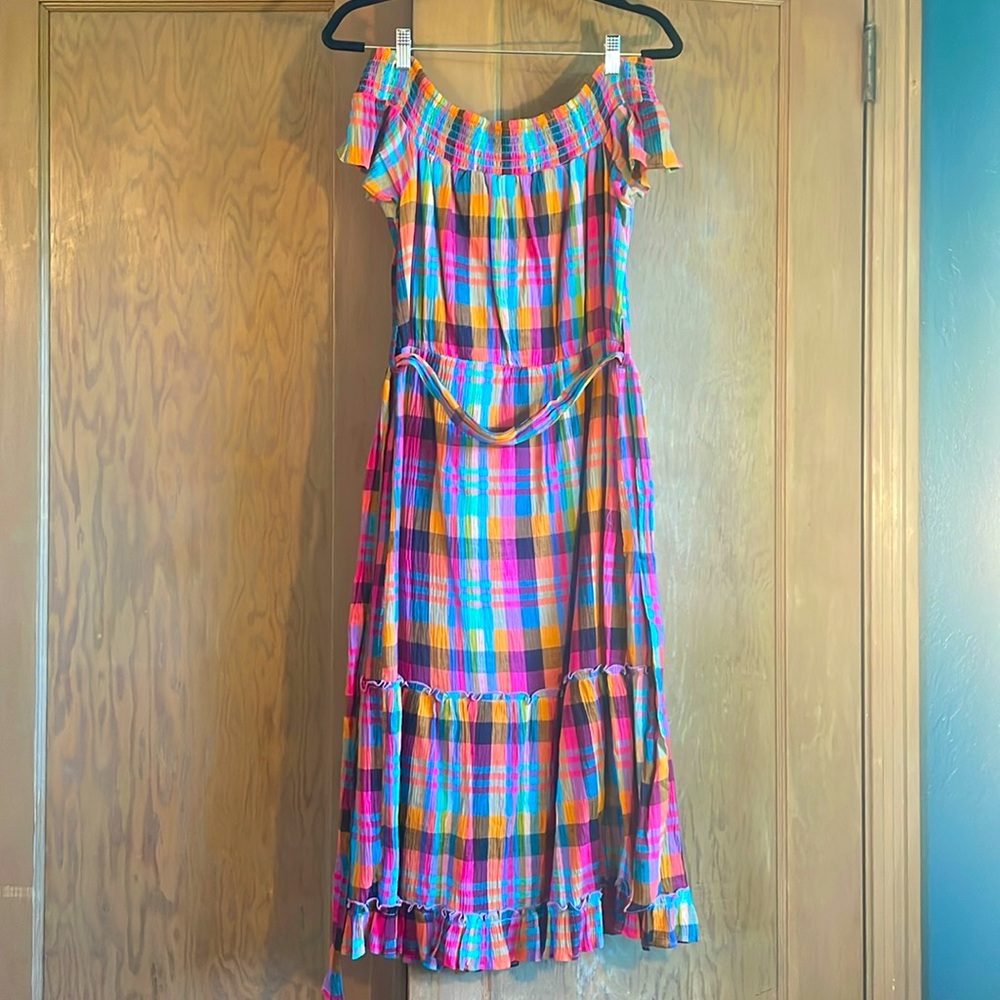 Jun & Ivy - Cotton off-the-shoulder plaid ruffle dress in size medium.